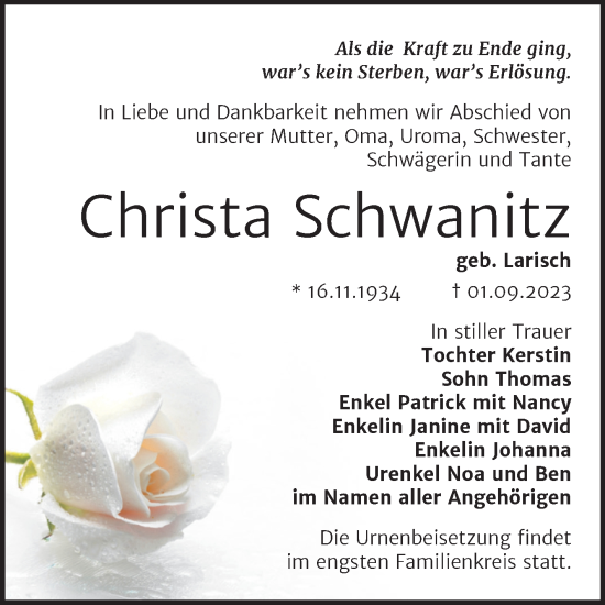Traueranzeige von Christa Schwanitz von Trauerkombi Bernburg