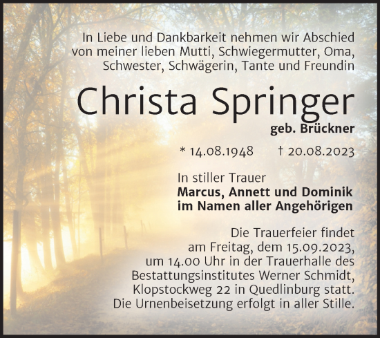 Traueranzeige von Christa Springer von Trauerkombi Quedlinburg
