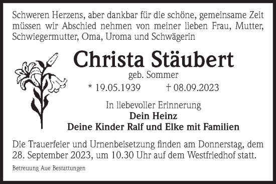 Traueranzeige von Christa Stäubert von Volksstimme Magdeburg