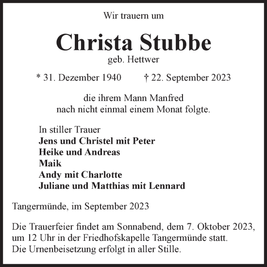 Traueranzeige von Christa Stubbe von Volksstimme Altmark Ost