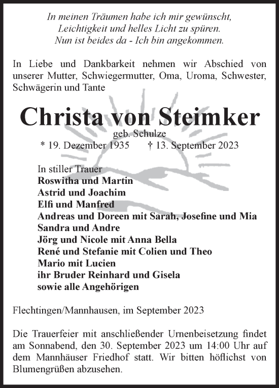 Traueranzeige von Christa von Steimker von Volksstimme Haldensleben/Wolmirstedt