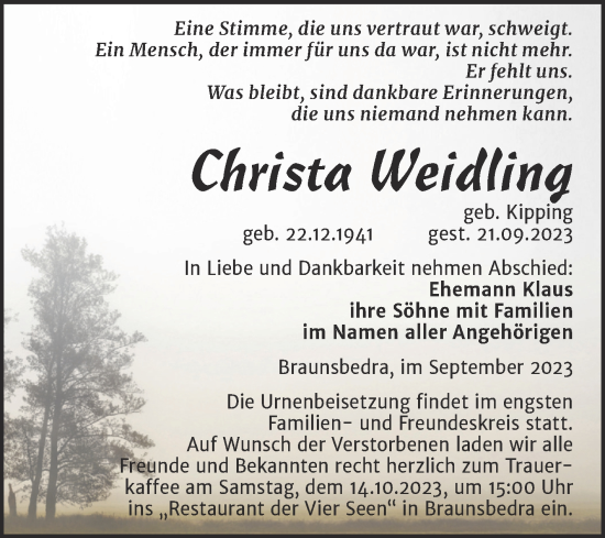 Traueranzeige von Christa Weidling von Trauerkombi Merseburg