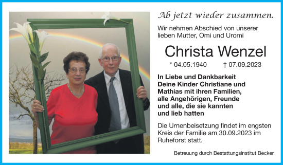 Traueranzeige von Christa Wenzel von Volksstimme Wernigerode