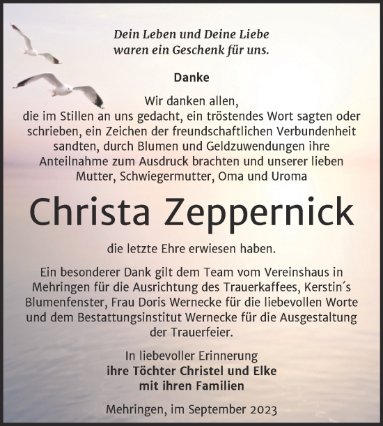 Traueranzeige von Christa Zeppernick von Trauerkombi Aschersleben