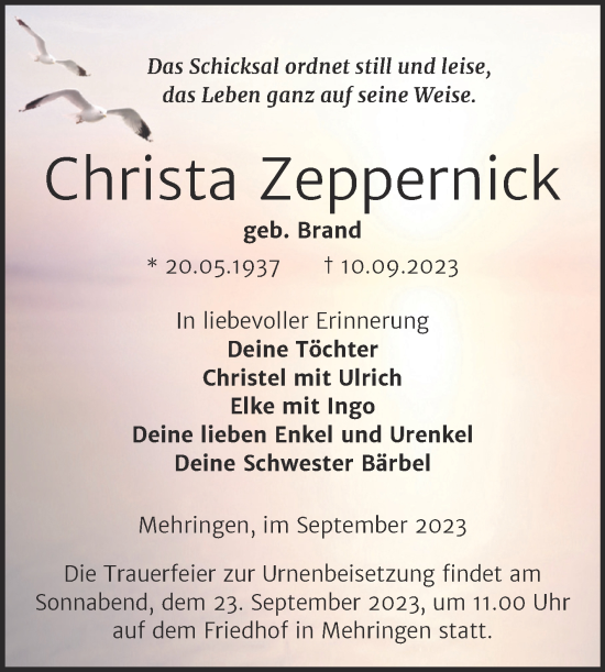 Traueranzeige von Christa Zeppernick von Trauerkombi Aschersleben