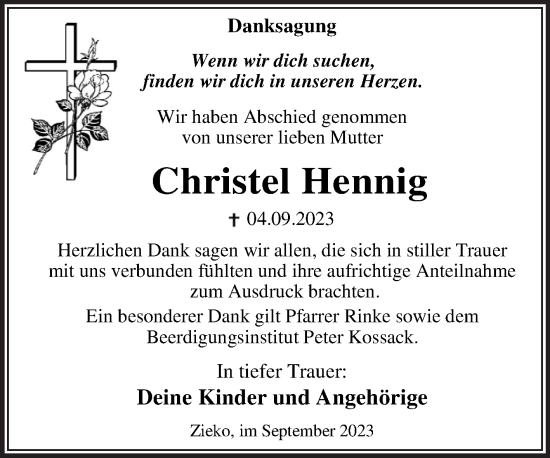 Traueranzeige von Christel Hennig von Trauerkombi Wittenberg