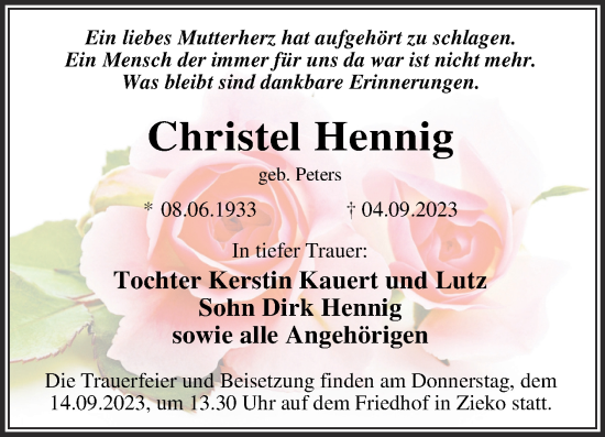 Traueranzeige von Christel Hennig von Trauerkombi Wittenberg