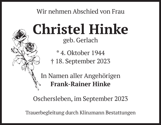 Traueranzeige von Christel Hinke von Volksstimme Oschersleben/Wanzleben
