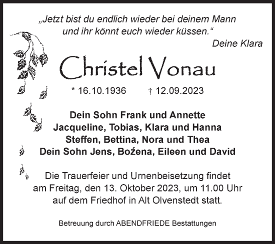 Traueranzeige von Christel Vonau von Volksstimme Magdeburg