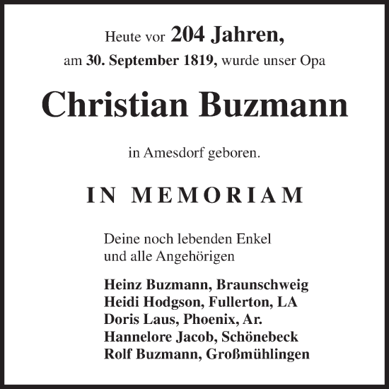 Traueranzeige von Christian Buzmann von Volksstimme Schönebeck