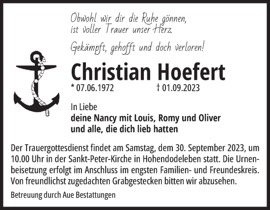 Traueranzeige von Christian Hoefert von Volksstimme Oschersleben/Wanzleben