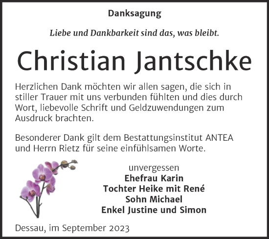 Traueranzeige von Christian Jantschke von Trauerkombi Dessau