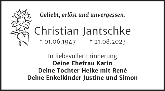 Traueranzeige von Christian Jantschke von Trauerkombi Dessau
