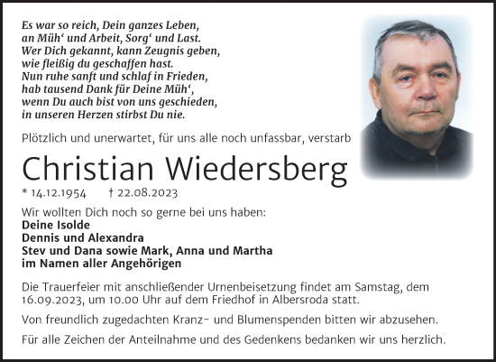 Traueranzeige von Christian Wiedersberg von Trauerkombi Merseburg