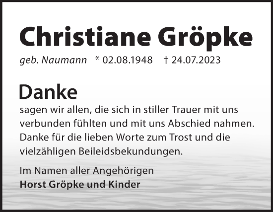 Traueranzeige von Christiane Gröpke von Volksstimme Halberstadt