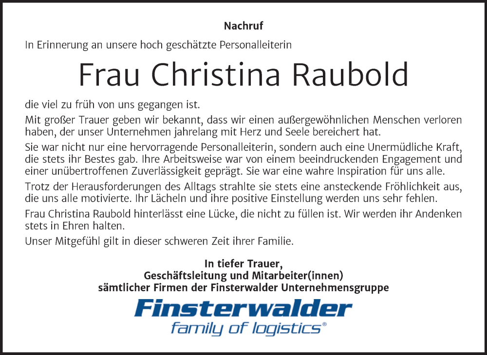  Traueranzeige für Christina Raubold vom 16.09.2023 aus Mitteldeutsche Zeitung Halle/Saalkreis