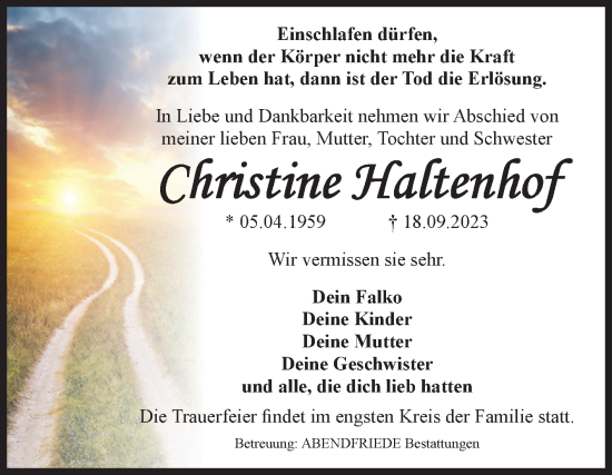 Traueranzeige von Christine Haltenhof von Volksstimme Schönebeck
