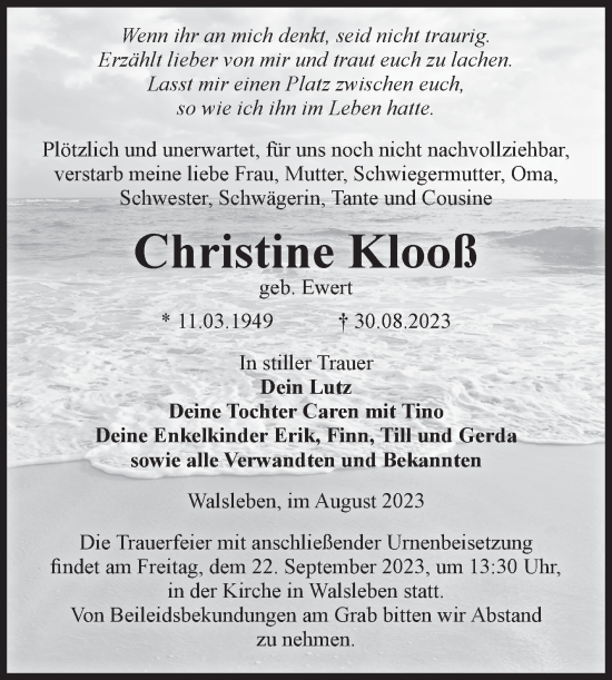 Traueranzeige von Christine Klooß von Volksstimme Altmark Ost