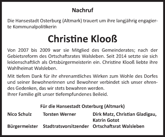 Traueranzeige von Christine Klooß von Volksstimme Altmark Ost