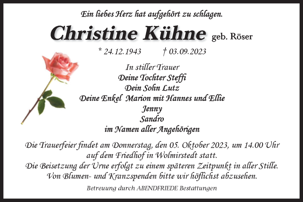  Traueranzeige für Christine Kühne vom 16.09.2023 aus Volksstimme Haldensleben/Wolmirstedt