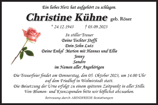 Traueranzeige von Christine Kühne von Volksstimme Haldensleben/Wolmirstedt