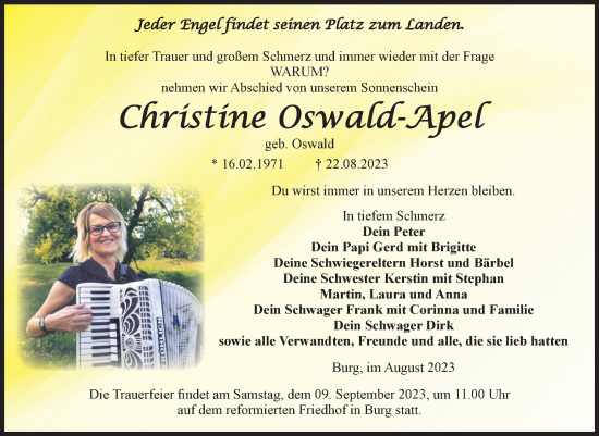Traueranzeige von Christine Oswald-Apel von Volksstimme Burg/Genthin