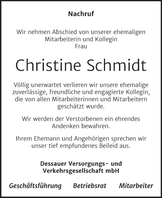 Traueranzeige von Christine Schmidt von Mitteldeutsche Zeitung Dessau-Roßlau