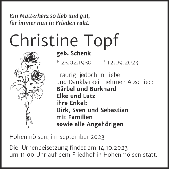 Traueranzeige von Christine Topf von Trauerkombi Zeitz