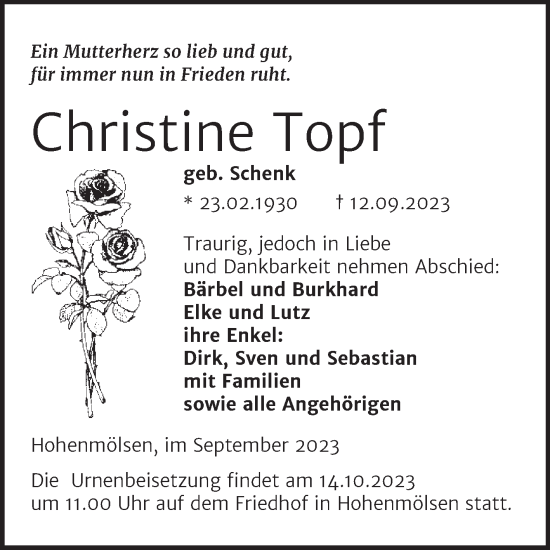 Traueranzeige von Christine Topf von Trauerkombi Weißenfels