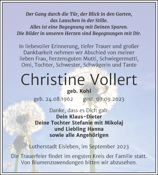 Traueranzeige von Christine Vollert von Trauerkombi Mansfelder Land