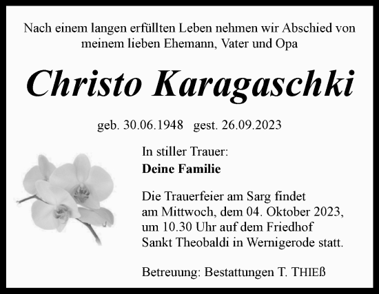 Traueranzeige von Christo Karagaschki von Volksstimme Wernigerode