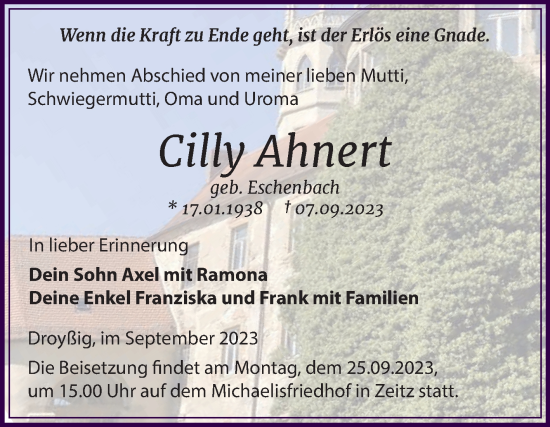 Traueranzeige von Cilly Ahnert von Trauerkombi Zeitz