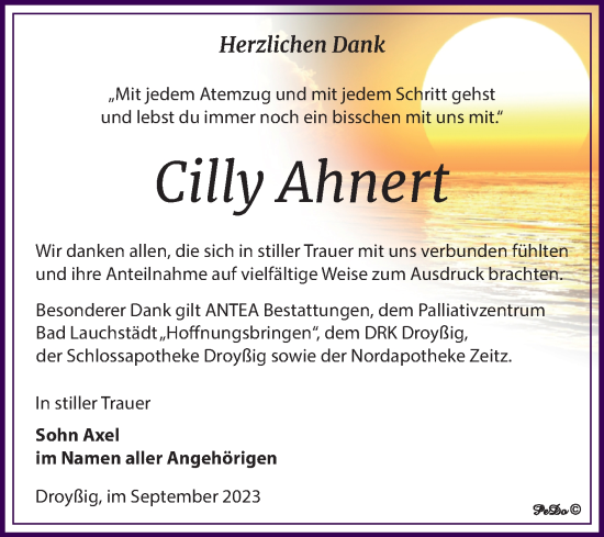 Traueranzeige von Cilly Ahnert von Trauerkombi Zeitz