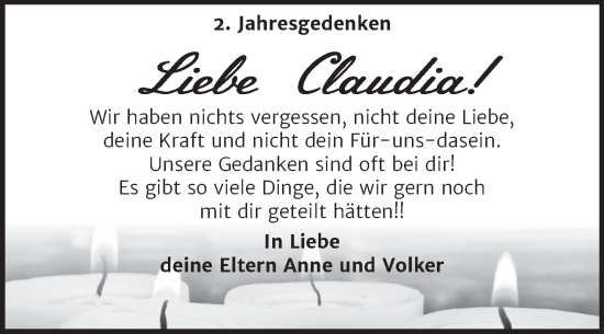 Traueranzeige von Claudia  von Mitteldeutsche Zeitung Köthen