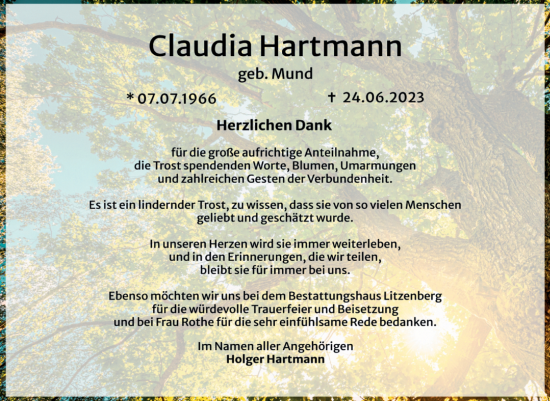 Traueranzeige von Claudia Hartmann von Trauerkombi Mansfelder Land