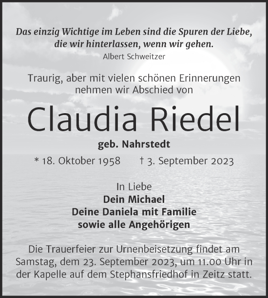 Traueranzeige von Claudia Riedel von Trauerkombi Zeitz