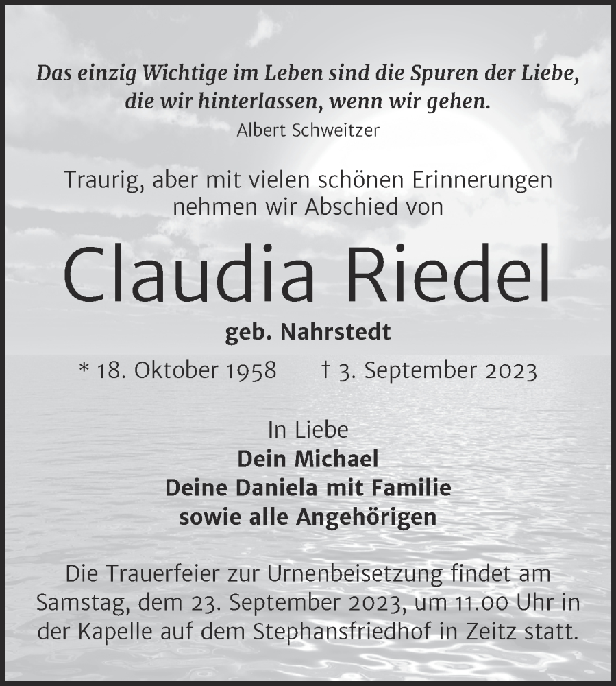  Traueranzeige für Claudia Riedel vom 16.09.2023 aus Trauerkombi Zeitz