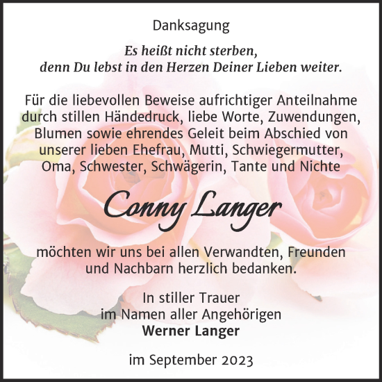 Traueranzeige von Conny Langer von Trauerkombi Quedlinburg