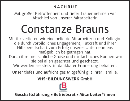 Traueranzeige von Constanze Brauns von Super Sonntag Aschersleben