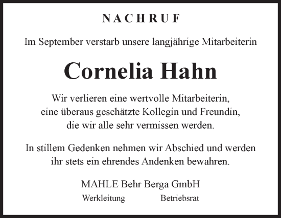 Traueranzeige von Cornelia Hahn von Mitteldeutsche Zeitung Sangerhausen