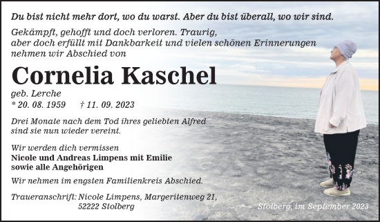 Traueranzeige von Cornelia Kaschel von Trauerkombi Sangerhausen