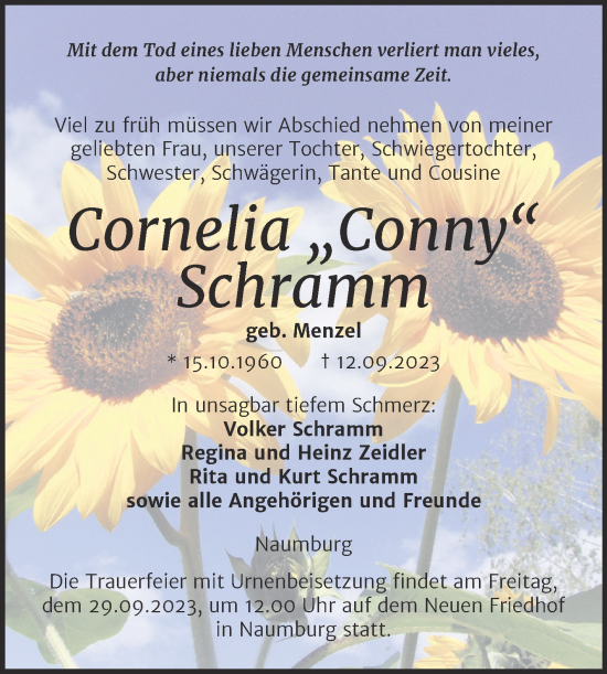 Traueranzeige von Cornelia Schramm von Naumburger Tageblatt