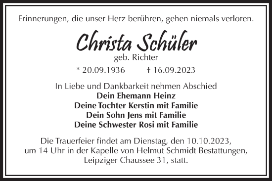 Traueranzeige von Crista Schüler von Volksstimme Magdeburg