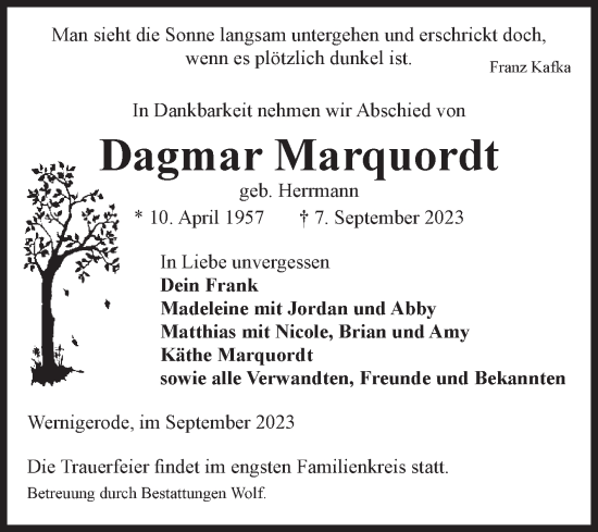 Traueranzeige von Dagmar Marquordt von Volksstimme Wernigerode