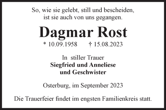 Traueranzeige von Dagmar Rost von Volksstimme Altmark Ost