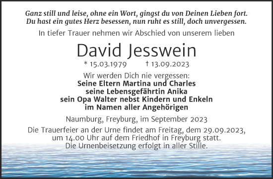 Traueranzeige von David Jesswein von Wochenspiegel Naumburg/Nebra