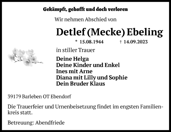 Traueranzeige von Detlef Ebeling von Volksstimme Magdeburg