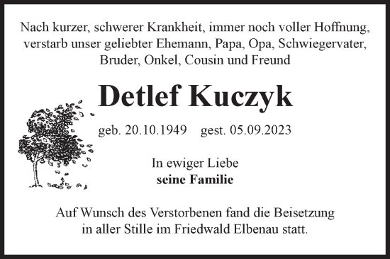 Traueranzeige von Detlef Kuczyk von Volksstimme Schönebeck