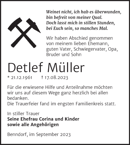 Traueranzeige von Detlef Müller von Trauerkombi Mansfelder Land