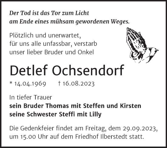 Traueranzeige von Detlef Ochsendorf von Trauerkombi Bernburg